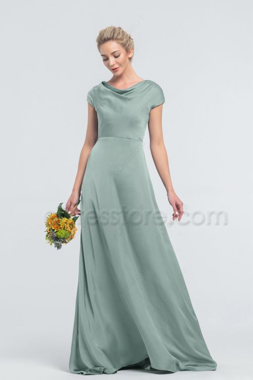 Modest Satin Sage Green Bridesmaid Dresses Cowl Neck