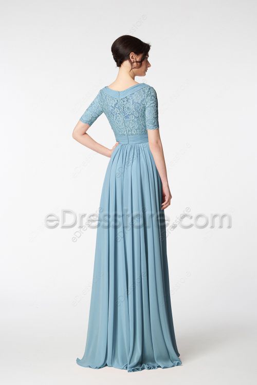 Modest Sea Foam Blue Bridesmaid Dresses Elbow Sleeves