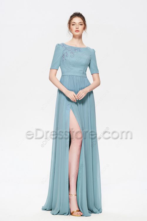 Modest Sea Glass Blue Bridesmaid Dresses
