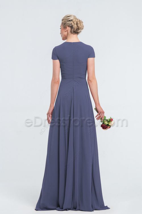 Modest Simple Elegant Slate Blue Bridesmaid Dresses with Sleeves