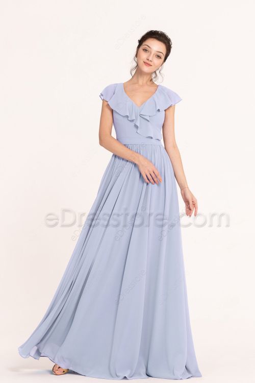 Modest Simple Sky Blue Bridesmaid Dresses cap sleeves