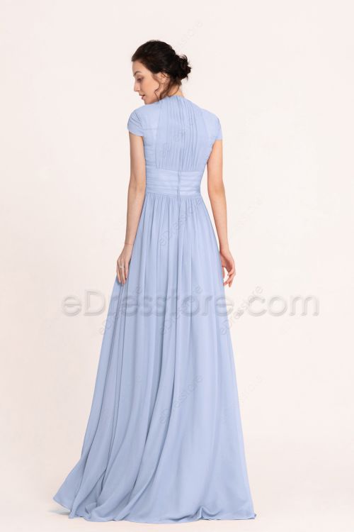 Modest Sky Blue Bridesmaid Dresses Cap Sleeves
