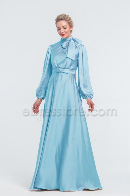 Modest Sky Blue Satin Bridesmaid Dresses Long Sleeves