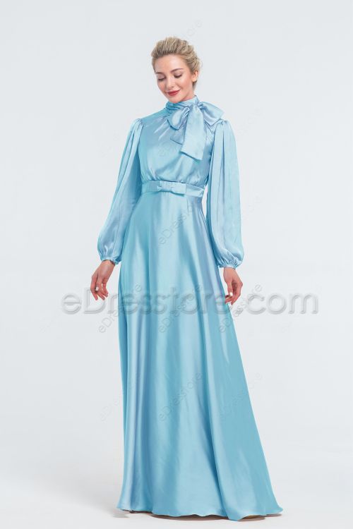 Modest Sky Blue Satin Bridesmaid Dresses Long Sleeves