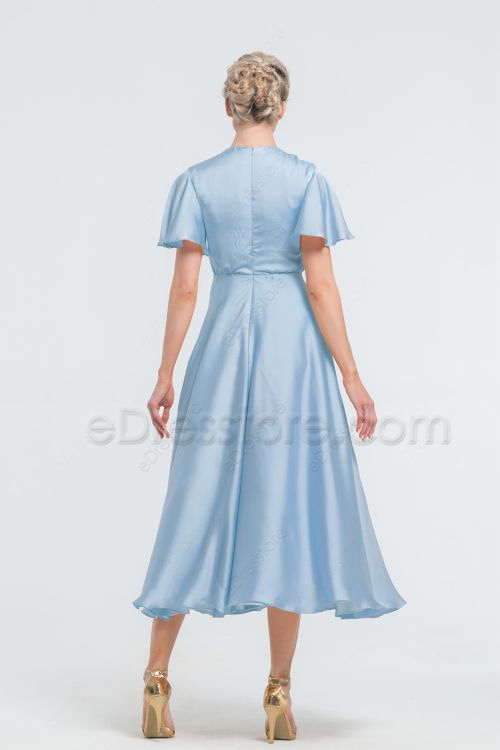 Modest Sky Blue Satin Bridesmaid Dresses Tea Length