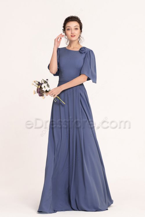 Modest Slate Blue Bridesmaid Dresses Elbow Sleeves