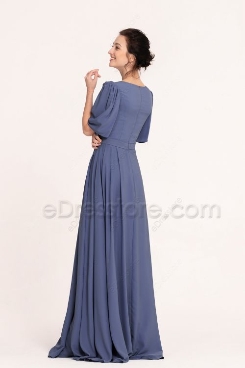 Modest Slate Blue Bridesmaid Dresses Elbow Sleeves