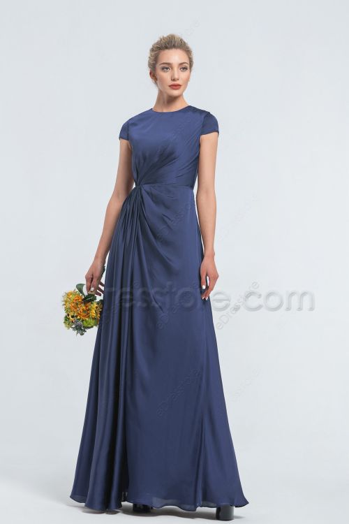 Modest Slate Blue Satin Bridesmaid Dresses Cap Sleeves