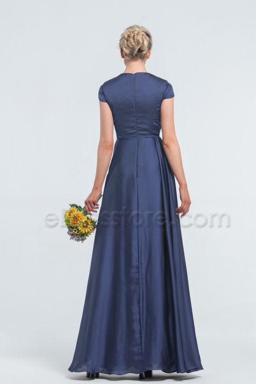 Modest Slate Blue Satin Bridesmaid Dresses Cap Sleeves