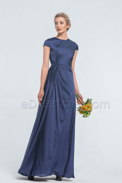 Modest Slate Blue Satin Bridesmaid Dresses Cap Sleeves