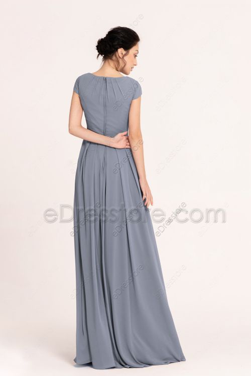 Modest Steel Blue Bridesmaid Dresses with Beadings
