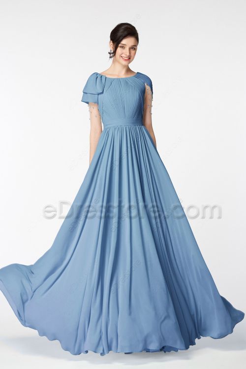 Modest Steel Blue Bridesmaid Gown Long