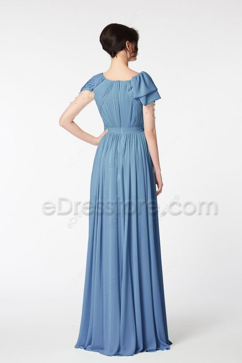 Modest Steel Blue Bridesmaid Gown Long