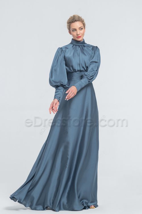 Modest Steel Blue Satin Bridesmaid Dresses Long Sleeves