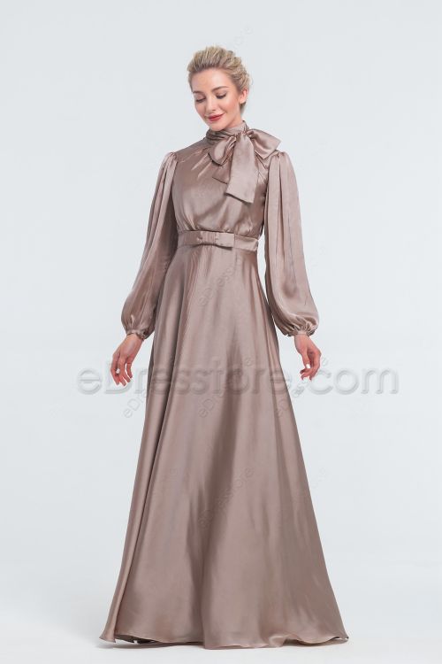 Modest Taupe Satin Bridesmaid Dresses Long Sleeves 1