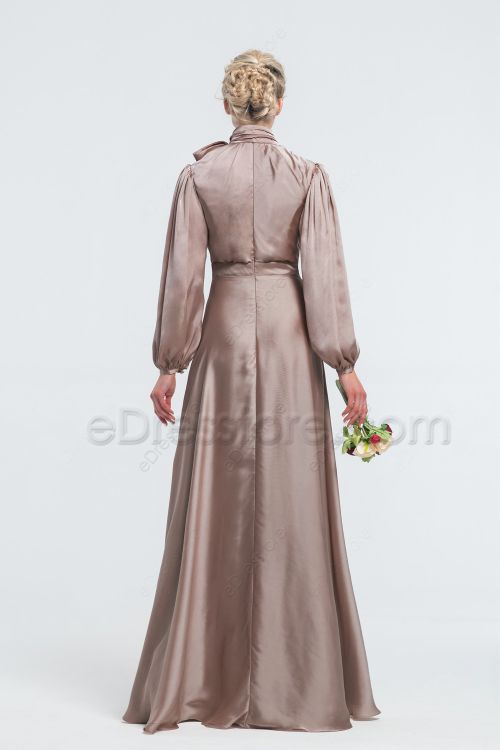 Modest Taupe Satin Bridesmaid Dresses Long Sleeves 1