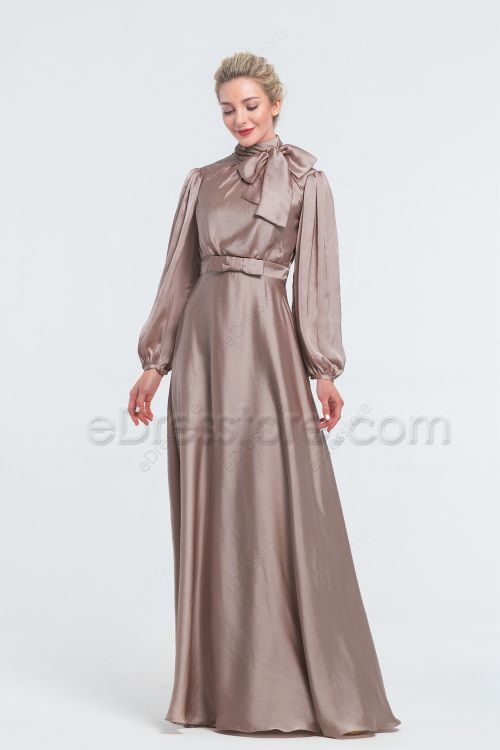 Modest Taupe Satin Bridesmaid Dresses Long Sleeves 1