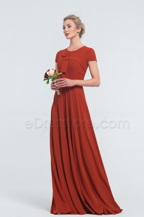 Modest Terracotta Bridesmaid Dresses Short Sleeves with Bow and Ribbon
