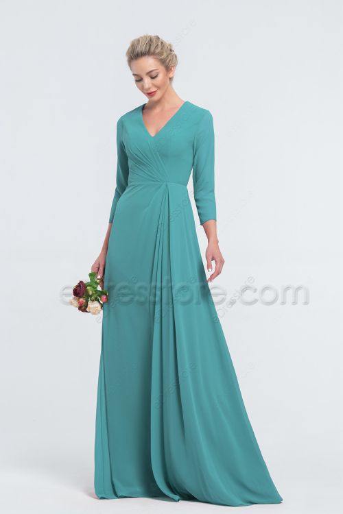 Modest Turquoise Bridesmaid Dresses V Neck with Sleeves
