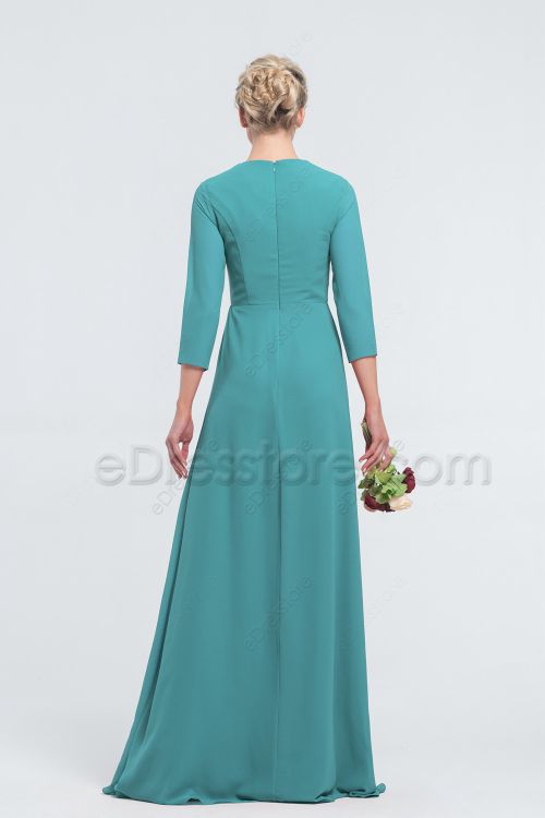 Modest Turquoise Bridesmaid Dresses V Neck with Sleeves