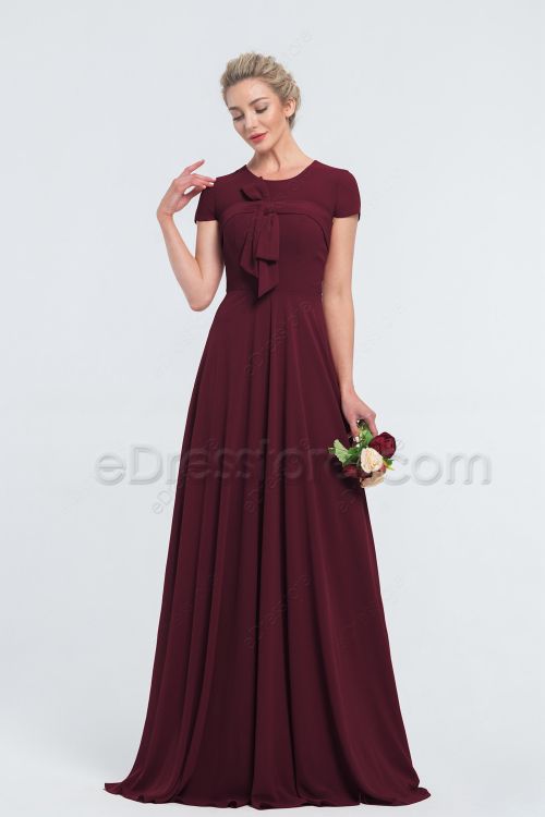 Modest Wine Colored Bridesmaid Dresses with Short Sleeves