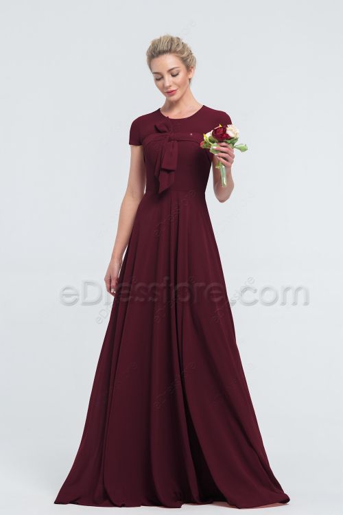 Modest Wine Colored Bridesmaid Dresses with Short Sleeves