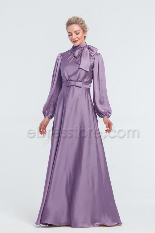 Modest Wisteria Satin Bridesmaid Dresses Long Sleeves