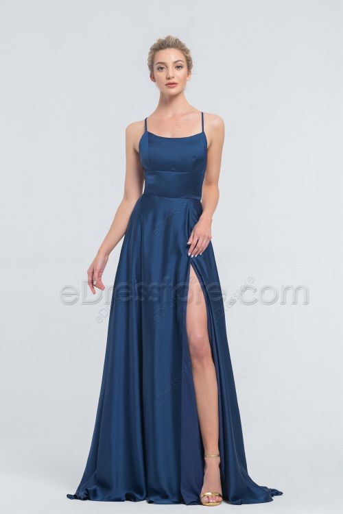 Navy Backless Prom Dress with Slit