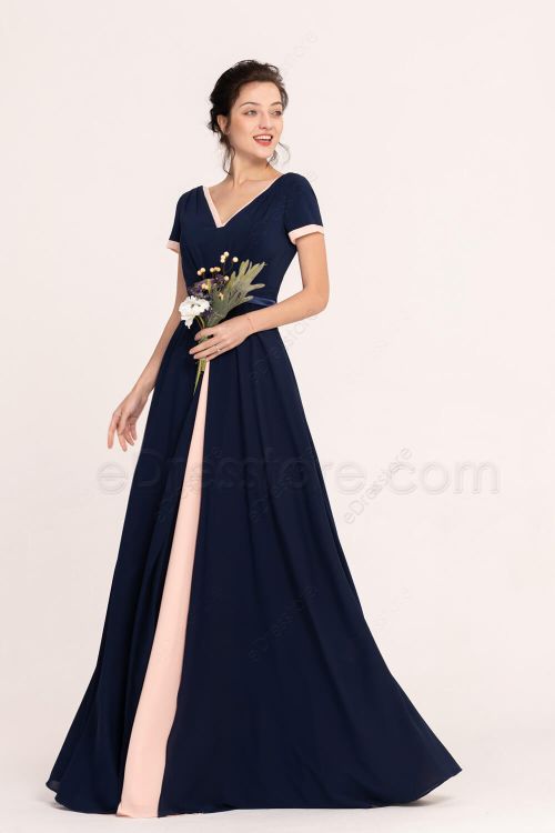 Modest Navy Blush Bridesmaid Dresses with Short Sleeves