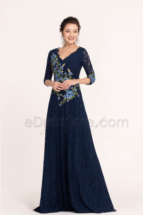 Navy Blue Embroidered Modest Lace Bridesmaid Dress with Sleeves