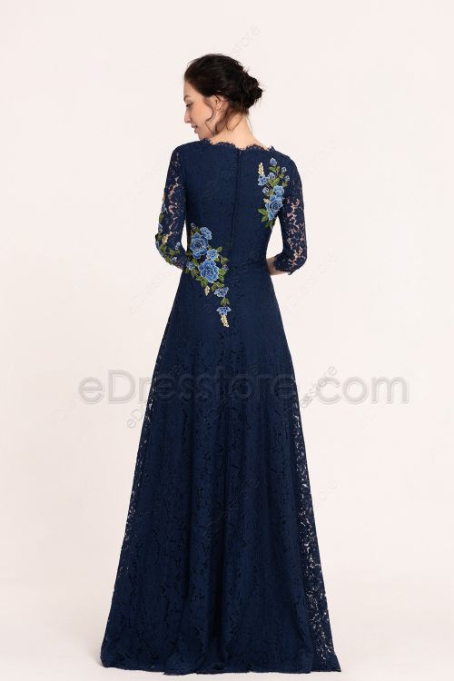 Navy Blue Embroidered Modest Lace Bridesmaid Dress with Sleeves
