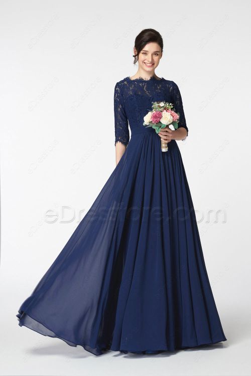 Navy Blue Lace Modest Bridesmaid Dress with Sleeves