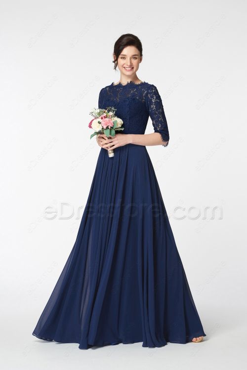 Navy Blue Lace Modest Bridesmaid Dress with Sleeves