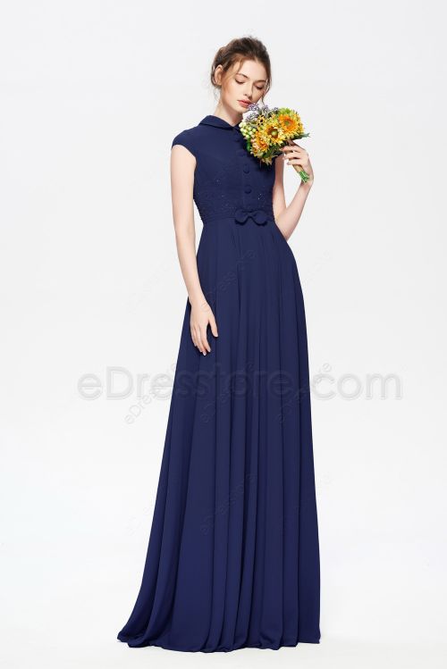 Navy Blue Modest Beaded Long Prom Dresses with Turndown Collar