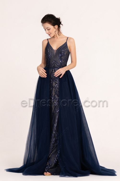Navy Blue Sparkle Long Prom Dress with Overskirt