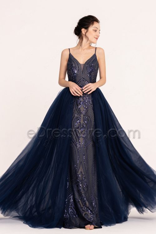 Navy Blue Sparkle Long Prom Dress with Overskirt