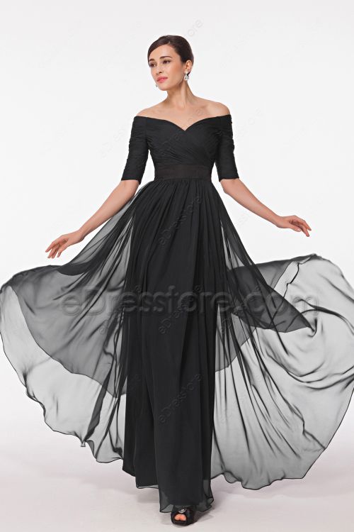 Off the Shoulder Black Chiffon Bridesmaid Dresses Elbow Sleeves