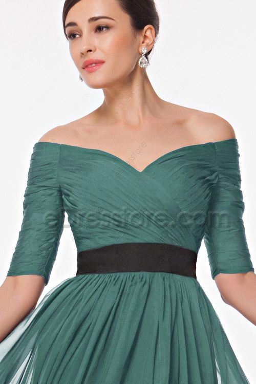 Off the Shoulder ChiffonEucalyptus Bridesmaid Dresses Elbow Sleeves