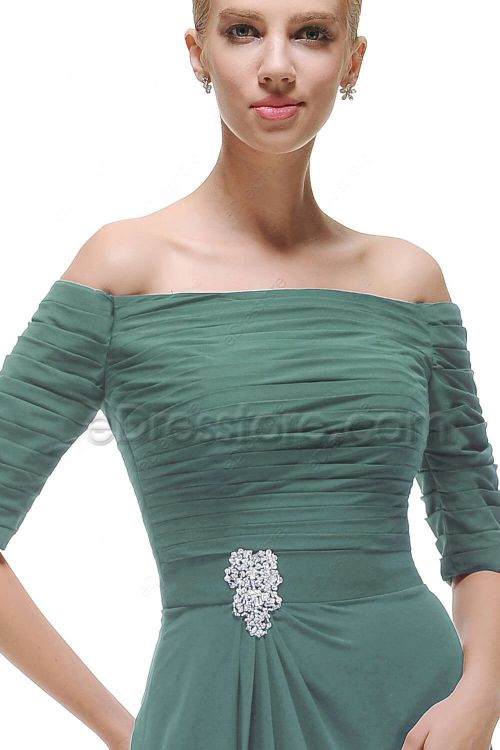 Off the Shoulder Eucalyptus Green Bridesmaid Dresses with Sleeves