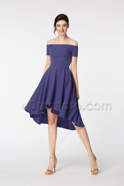 Off the Shoulder Slate Blue Bridesmaid Dresses High Low Skirt