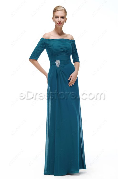 Off the Shoulder Teal Prom Dress with Sleeves