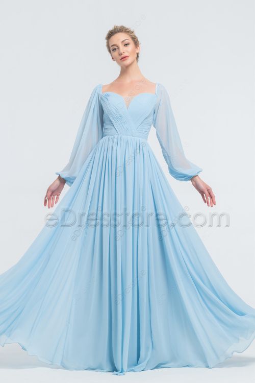 Pastel Blue Bridesmaid Dresses Long Sleeves