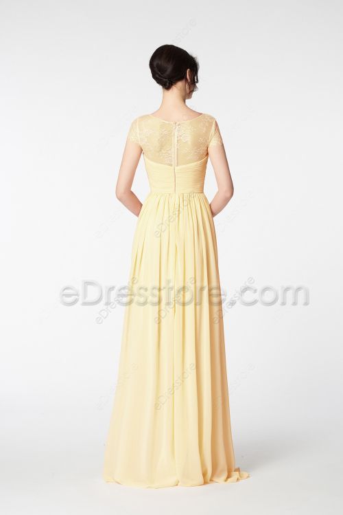 Pastel Yellow Modest LDS Bridesmaid Dresses Cap Sleeves