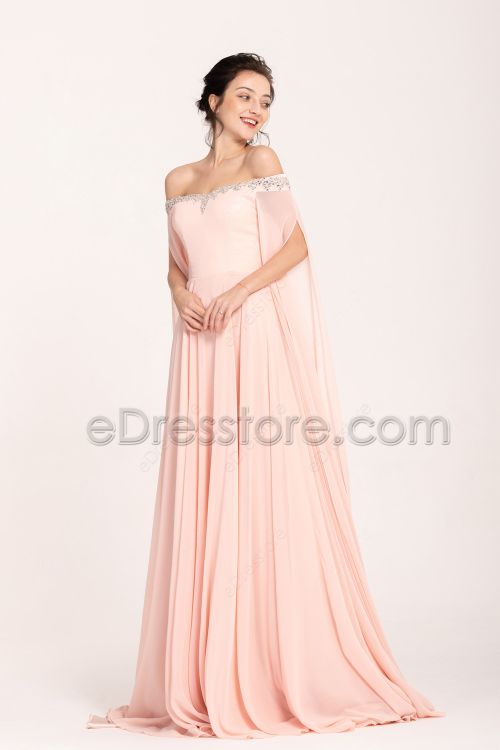 Peach Pink Beaded long Prom Dresses Cape Sleeves Train Glamourous