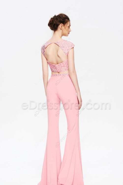 Pink Two Piece Homecoming Dresses Pantsuit Backless
