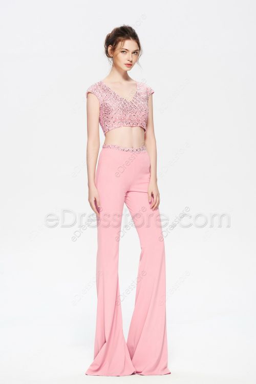 Pink Two Piece Homecoming Dresses Pantsuit Backless