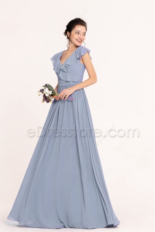 Powder Blue Bridesmaid Dresses Flounce Cap Sleeves