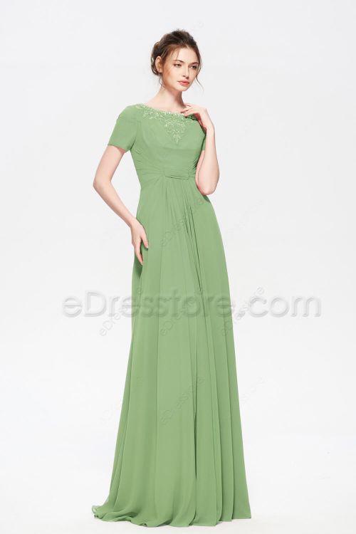 Sage Green Beaded LDS Bridesmaid Dresses with Sleeves