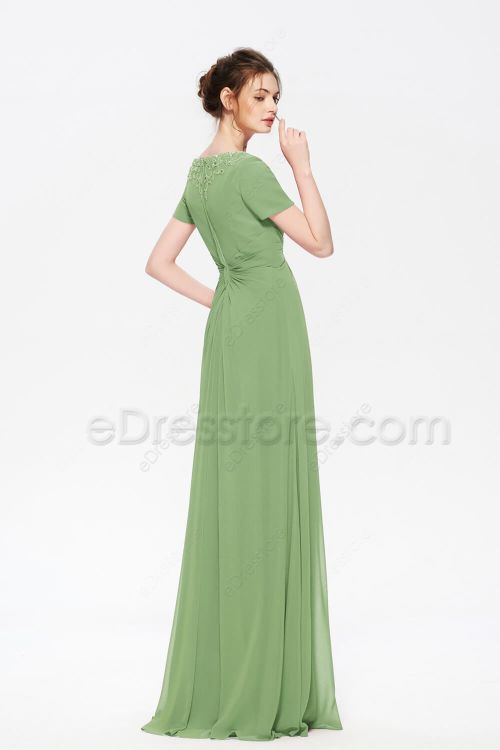Sage Green Beaded LDS Bridesmaid Dresses with Sleeves