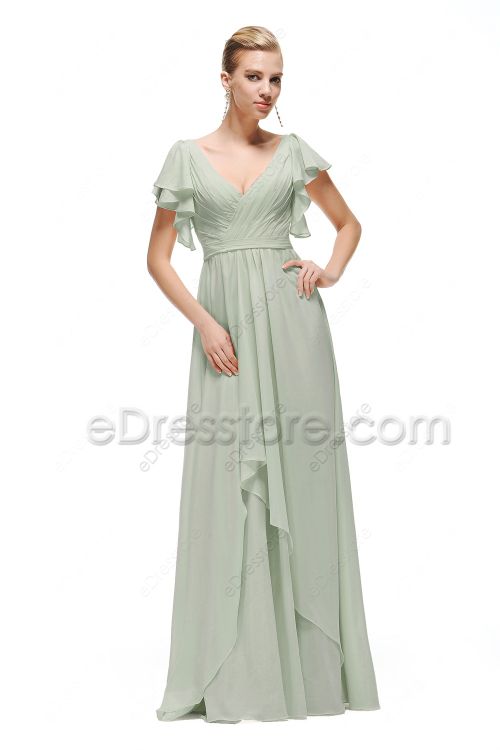 Sage Green Chiffon Bridesmaid Dresses with Flutter Sleeves